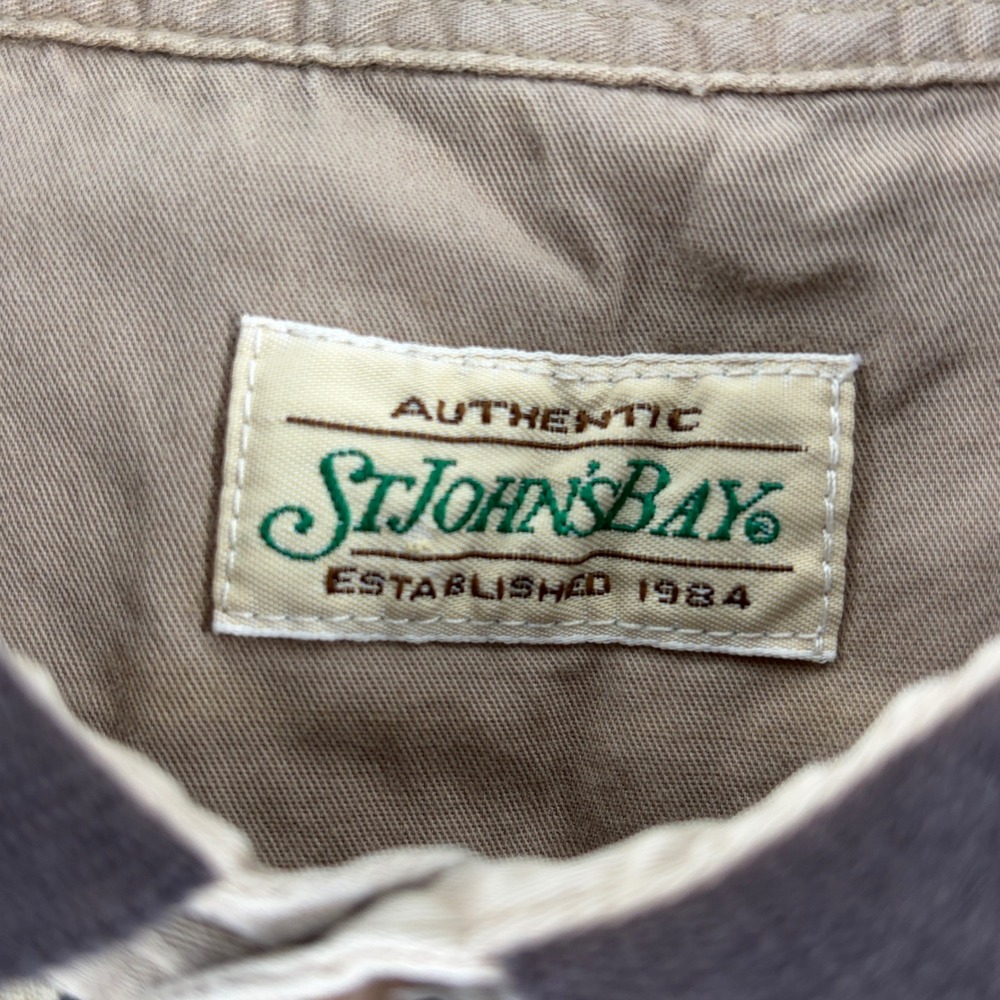 St Johns Bay Shirt Mens Large Vintage 90s Geometric Polo Brown Tan Short Sleeve - Picture 3 of 6